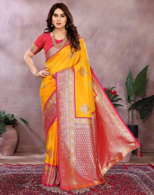 YASHIKA Woven Kanjivaram Art Silk, Jacquard Saree(Red, Yellow)