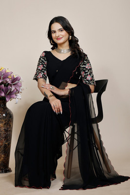 SAADHYA CREATION Embroidered, Solid/Plain Bollywood Georgette Saree(Black)