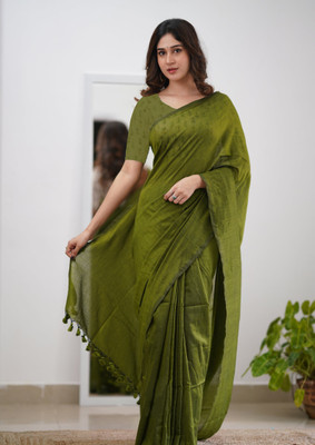 VERVE Solid/Plain Handloom Cotton Blend Saree(Green)