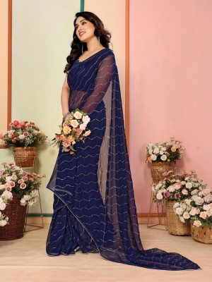 WHOLSALE BAZAR Solid/Plain, Embellished, Self Design Bollywood Georgette, Chiffon Saree(Blue)