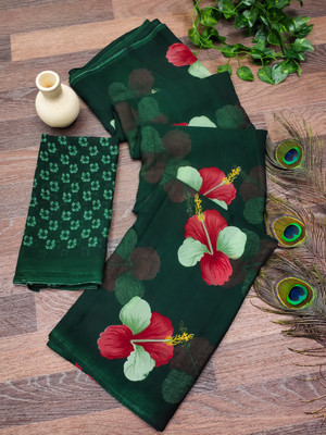 Anand Sarees Floral Print Daily Wear Georgette Saree(Dark Green, Red)