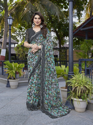 Moda Rapido Floral Print Bollywood Georgette Saree(Grey, Green)