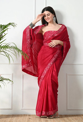 Pionex Solid/Plain Bollywood Chiffon, Silk Blend Saree(Pink)