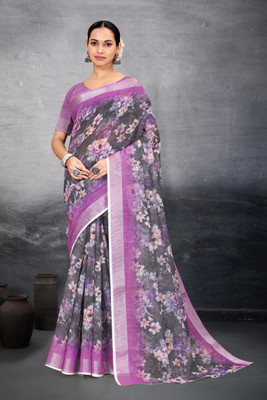 HouseOfCommon Floral Print Bollywood Cotton Linen Saree(Multicolor)