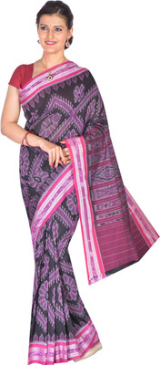 handloom paridhaan Hand Painted, Self Design Handloom Pure Cotton Saree(Black, Pink)
