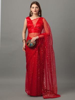 color bucket Polka Print Bollywood Net Saree(Red)