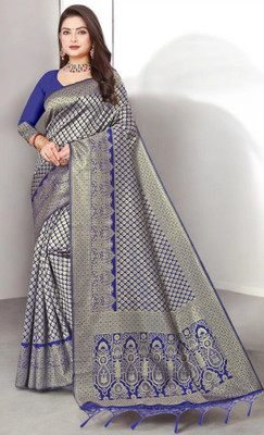 Pikham Self Design Banarasi Art Silk Saree(Dark Blue)