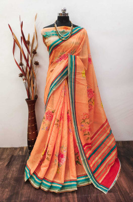 ASHTA Floral Print Kanjivaram Linen Saree(Orange)