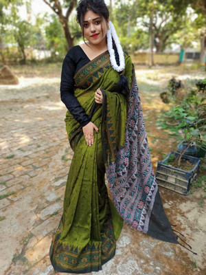 Bhadra Shopping Store Printed Sambalpuri Viscose Rayon, Cotton Blend Saree(Dark Green)