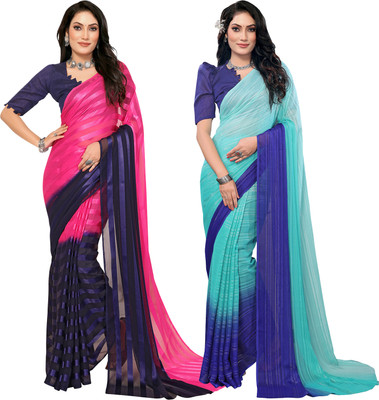 Moda Rapido Self Design, Striped, Ombre Bollywood Satin Saree(Pack of 2, Pink, Blue)