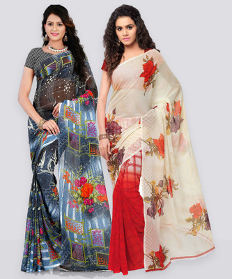 Anand Sarees Printed Daily Wear Georgette Saree(Pack of 2, White, Grey)