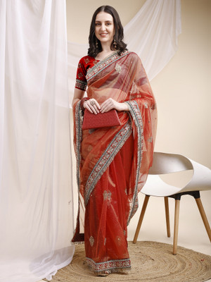 Aika Embroidered Bollywood Net Saree(Red)