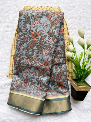 PK SAREES Digital Print Kalamkari Cotton Blend Saree(Blue)