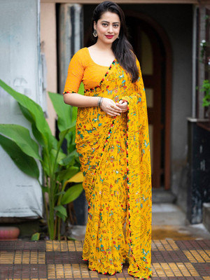 AWRIYA Printed Bollywood Georgette Saree(Yellow)