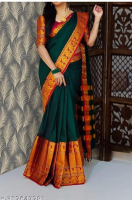 Gajal Self Design Kanjivaram Pure Cotton, Cotton Silk Saree(Green)
