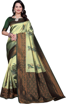 sadika Woven, Embellished Banarasi Jacquard, Silk Blend Saree(Light Green, Dark Green)