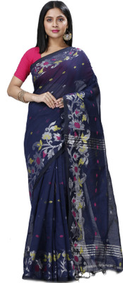 DipDiya Embroidered, Self Design Handloom Pure Cotton Saree(Dark Blue)