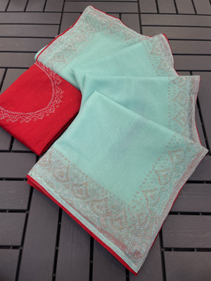 JENNYFEB Embroidered Bollywood Supernet Saree(Light Blue)