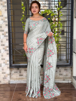 HouseOfCommon Embroidered Bollywood Tussar Silk Saree(Grey)