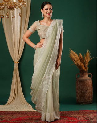 Satrani Embroidered, Dyed Bollywood Net Saree(Light Green)