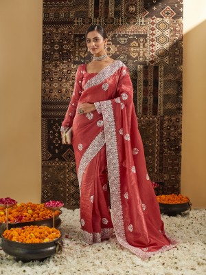 KASEE Printed Chanderi Silk Blend Saree(Maroon)