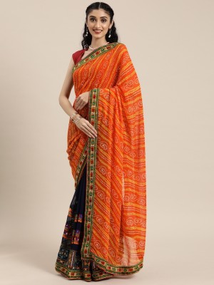 Tasrika Self Design, Embroidered, Printed Bandhani Georgette Saree(Orange, Blue)