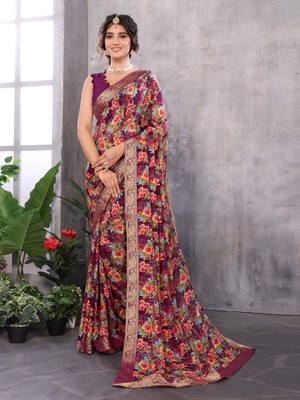YASHIKA Printed Bollywood Georgette, Lace Saree(Purple)