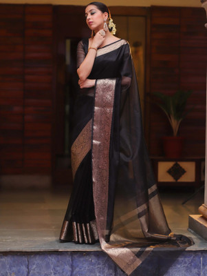 PeachPetals Solid/Plain Bollywood Organza Saree(Black)