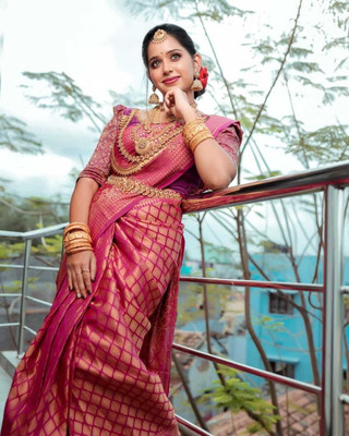 Khodal Zari Work Woven Kanjivaram Jacquard, Pure Silk Saree(Pink)