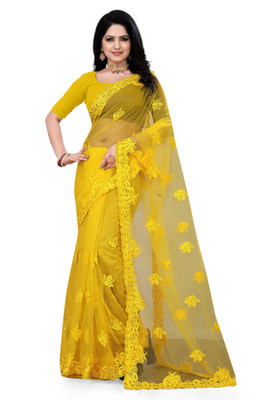 DEVKISONDESIGNER Embroidered Bollywood Net Saree(Yellow)