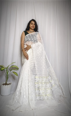 Lakshmi Boutique Self Design Jamdani Cotton Silk Saree(White)