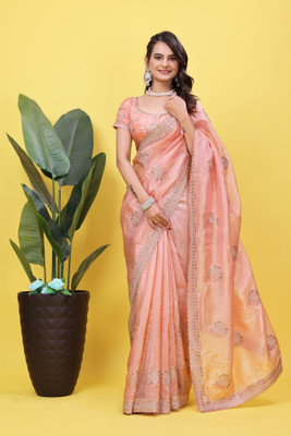 GREENA CREATION Embroidered, Woven, Self Design, Embellished Bollywood Satin Saree(Orange)