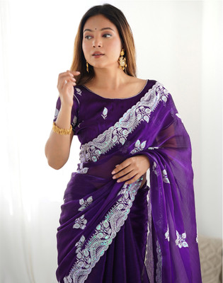 Samah Embroidered, Embellished Bollywood Jimmy choo, Chiffon Saree(Purple)