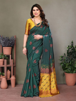 ANOUK Woven Saree with Attached Blouse Silk Blend Saree(Green)