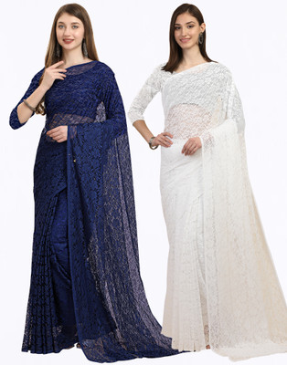 IRI Embellished Bollywood Net Saree(Pack of 2, Dark Blue, White)