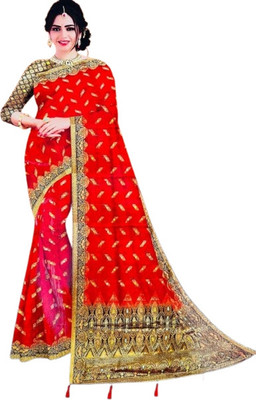 Pallu Patola Printed Banarasi Art Silk Saree(Red, Blue)