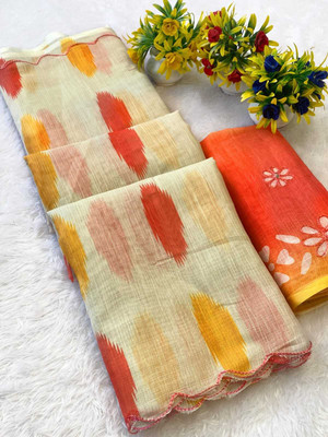 Sniccs Trend Printed Bollywood Linen Saree(Cream)