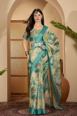 gajanand creation Printed Daily Wear Cotton Linen Saree(Green, Beige)