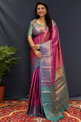 yourwish Self Design Banarasi Cotton Silk, Jacquard Saree(Purple)