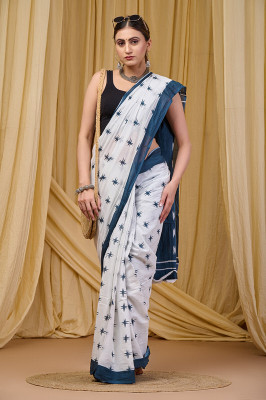 Shiv Shakti Emorium Printed Daily Wear Pure Cotton Saree(White)