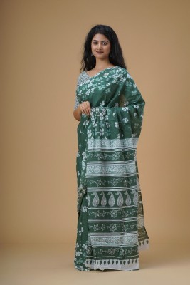 Kiaaron Printed Ikkat Pure Cotton Saree(Green)