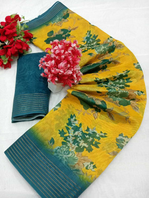 HouseOfCommon Floral Print Kanjivaram Chanderi, Pure Silk Saree(Yellow, Green)
