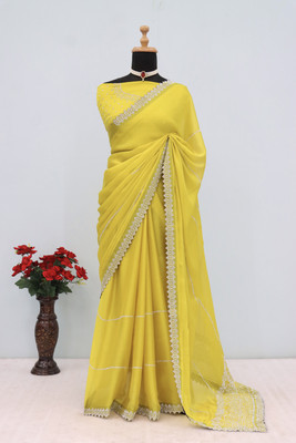 VarniRaaj Fashion Embellished Bollywood Pure Silk Saree(Yellow)