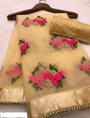 Rityanusaar Embroidered Bollywood Net Saree(Pack of 2, Cream)