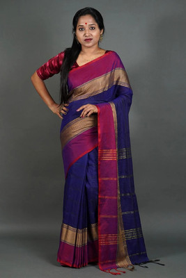 WeaveAura Color Block Handloom Cotton Silk Saree(Blue, Purple)