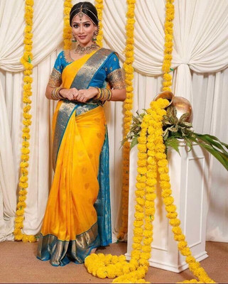 Bharatmart Self Design Kanjivaram Pure Silk Saree(Yellow)