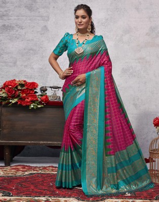 Samah Printed Bollywood Silk Blend Saree(Magenta, Blue, Gold)