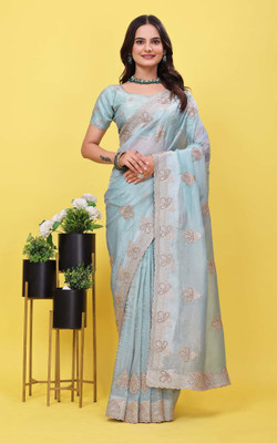 LH ENTERPRISE Embroidered, Self Design, Embellished Bollywood Silk Blend Saree(Blue)