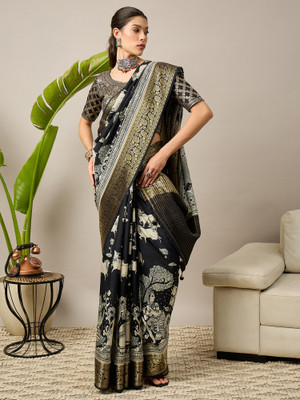 ANOUK Printed Banarasi Viscose Rayon Saree(Black)