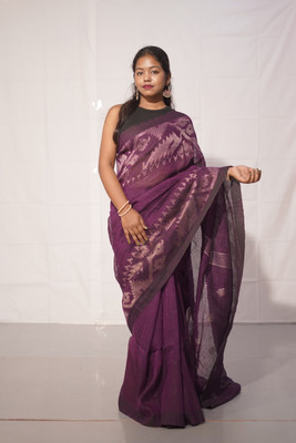 PREOSY Checkered Ikkat Linen Saree(Purple)